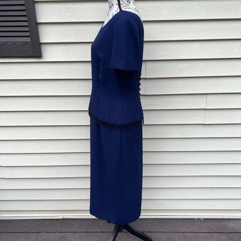 Navy blue vintage donna Morgan short sleeve round neck midi dress w/ beaded - Picture 9 of 9